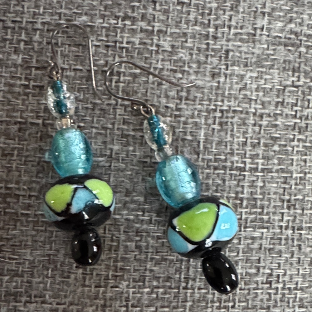 Hand crafted Blue and Black Beaded Earrings - Picture 3 of 5
